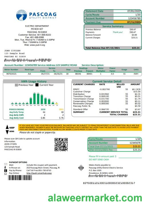 USA Rhode Island Pascoag Utility District utility bill template in Word and PDF format